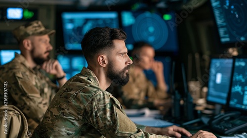 Military personnel working in a control room with monitors displaying data and radar screens. The focus is on the soldiers' concentration and the high-tech environment