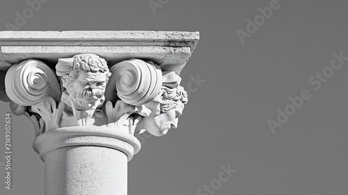 Ornate column capital featuring human faces and scroll designs against a light gray background.