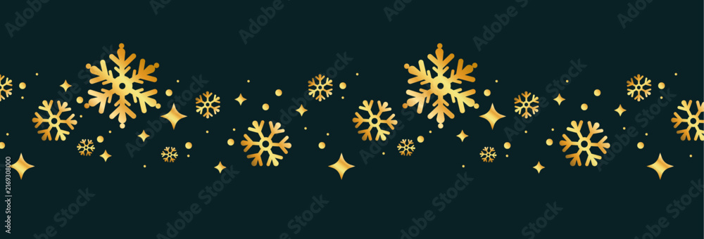 Naklejka premium Snowflake border with gold winter pattern for Christmas cards. Elegant vector design with frost ornaments, sparkling holiday decorations and luxury geometric elements for festive templates.