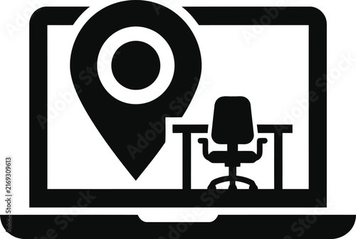 Laptop with map location pin and chair screen icon