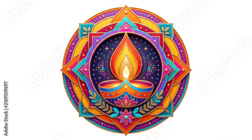 Diwali diya lamp with colorful mandala pattern isolated on transparent background