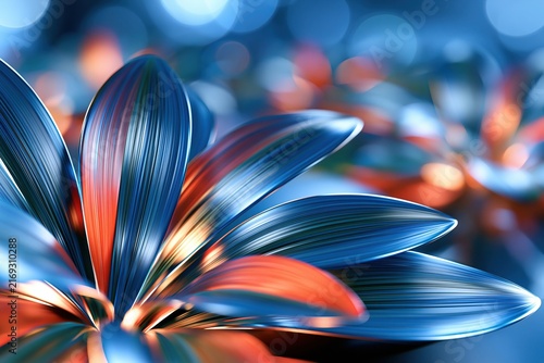 Translucent blue and coral glass petals glowing against soft bokeh, ideal for luxury branding, beauty, growth and creative technology themes.