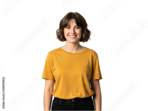 Plakat w ramie Young girl wearing a yellow Star Trek uniform shirt standing