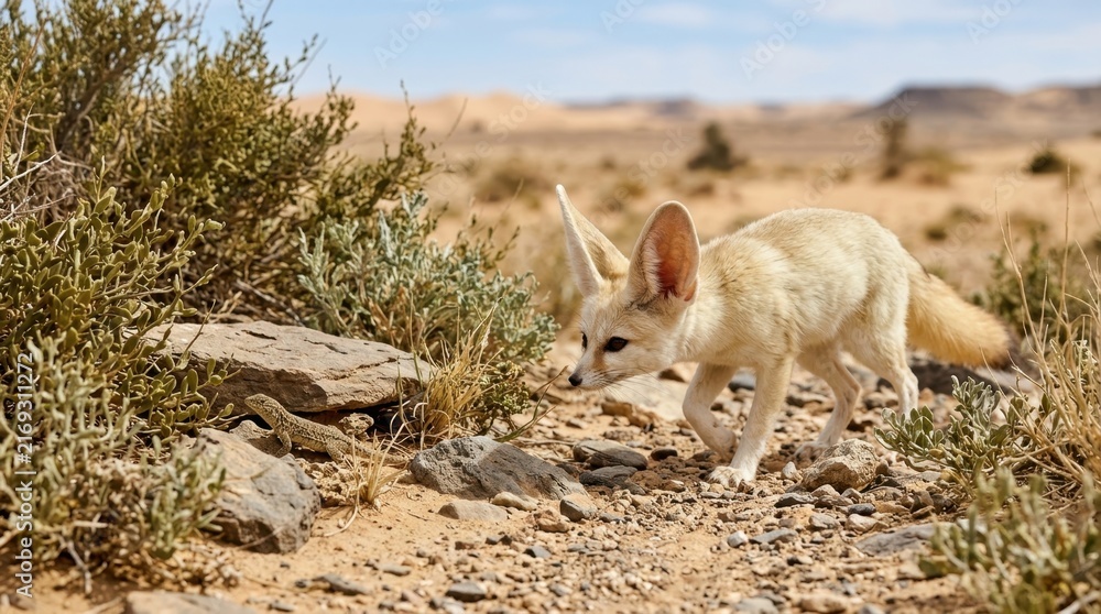 Naklejka premium Fennec Fox in the Desert: A fennec fox with its signature oversized ears navigates the arid terrain of a sandy desert landscape, showcasing its adaptability to extreme environments.