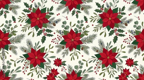 Christmas Poinsettia Botanical Seamless Pattern