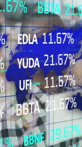 Animation of stock market and world map over diverse business people