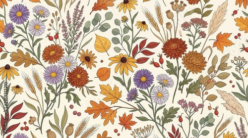 September Botanical Floral Seamless Pattern