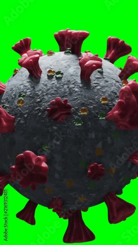 Animation of macro coronavirus Covid 19 cell spinning on green screen background