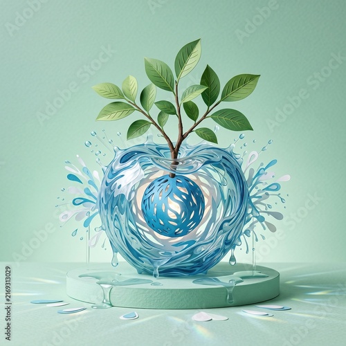 A creative 3D composition featuring a glowing blue sphere inside a translucent water splash shape with green leaves growing from the top, displayed on a podium against a light green background.