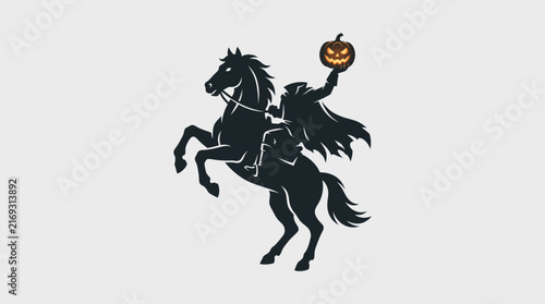 Headless Horseman Riding a Rearing Black Horse Carrying a Glowing Jack O Lantern