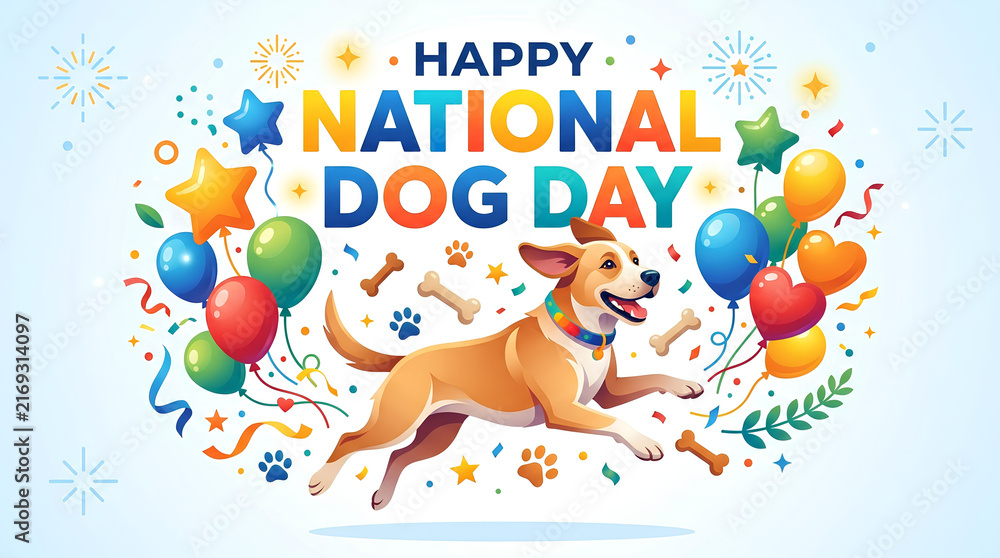Fototapeta premium Happy National Dog Day Celebration with a Joyful Jumping Pet Amidst Balloons and Confetti, Expressing Love for Canine Companions