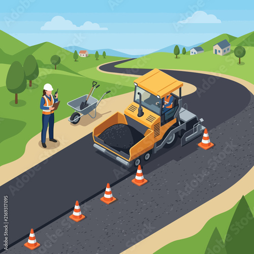 Asphalt paving, road construction, construction worker, road roller, rural landscape