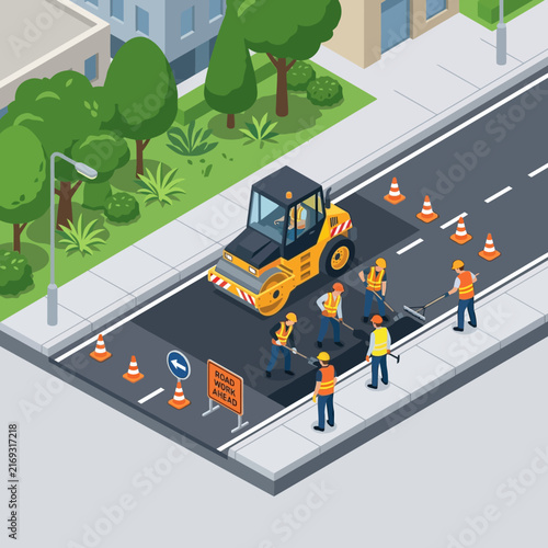 City Road Construction: Workers Paving Asphalt with Steamroller & Sign