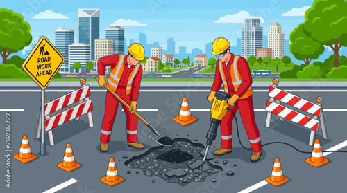 City Road Construction Workers Repairing Pavement with Jackhammer and Shovel