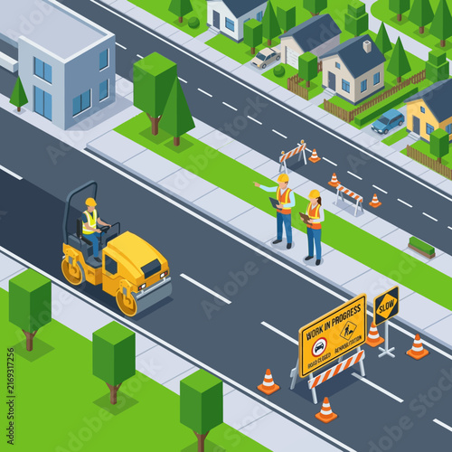 City road construction, workers, steamroller and traffic cones, isometric view