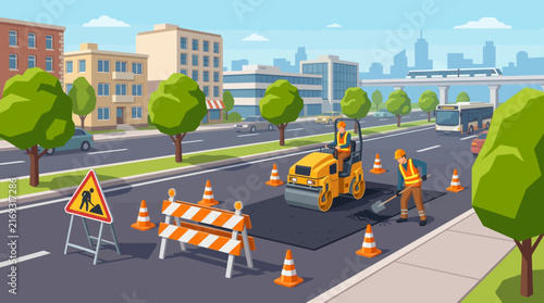 City road repair asphalt paving with steamroller and construction workers