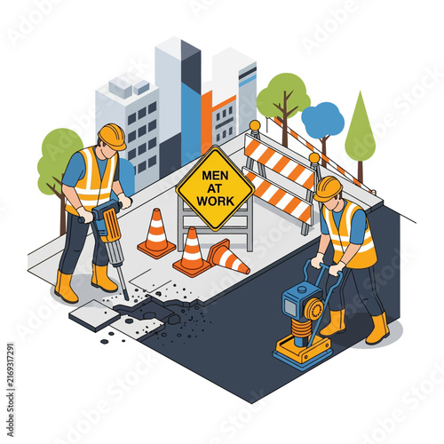 City road repair: construction workers with jackhammer & asphalt compactor, safety cones