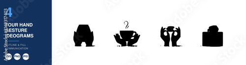Four Hand Gesture Diagrams Set, Minimalist Black Icons. Communication, Expression, and Body Language Concepts Illustrated.
