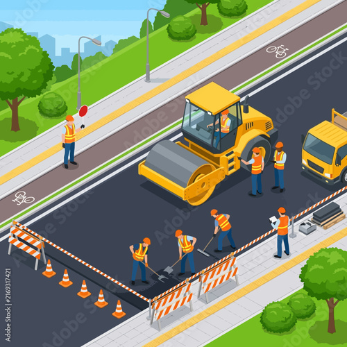 Construction Crew Paving Road with Roller and Truck - Isometric View
