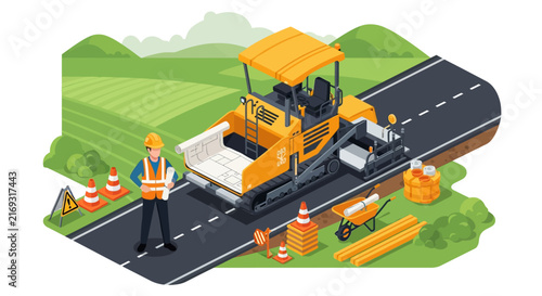 Construction paver machine laying asphalt on country road with worker.