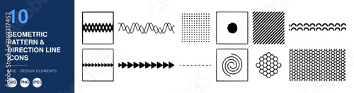 Geometric Pattern & Direction Line Icons Set with Halftone Shadows. Pop Art Vintage Design Elements for Graphic Design.