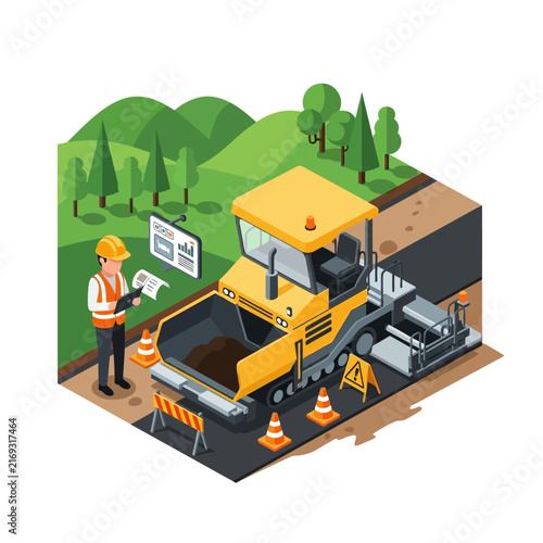 Construction site with asphalt paver, worker, and digital screen with analytics
