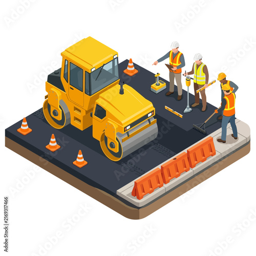 Construction Scene: Road Roller Compacting Asphalt with Workers and Safety Cones
