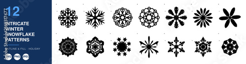 Intricate Winter Snowflakes Pattern Set with Decorative Floral and Geometric Elements. Detailed Winter Design for Textiles and Backgrounds.