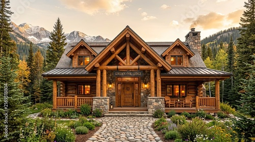 Rustic Log Cabin in Mountain Landscape at Sunset with Rocky Path