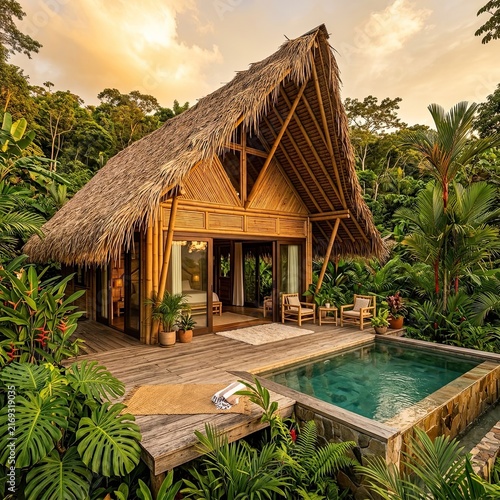 Tropical Eco-Lodge Cabin with Thatched Roof and Private Pool in Lush Rainforest