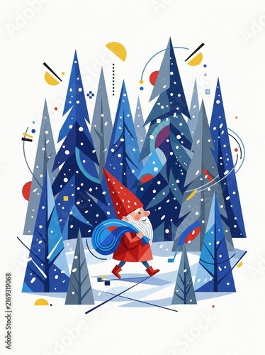 A flat vector illustration of a cute Christmas gnome walking through a snowy blue pine forest carrying a blue sack, decorated with geometric abstract elements.