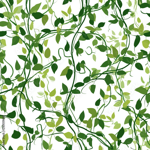 Green tropical vines and leaves seamless pattern background