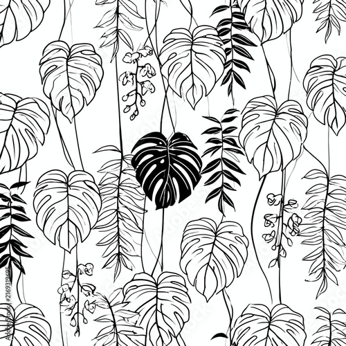 Tropical leaves and hanging vines illustration pattern