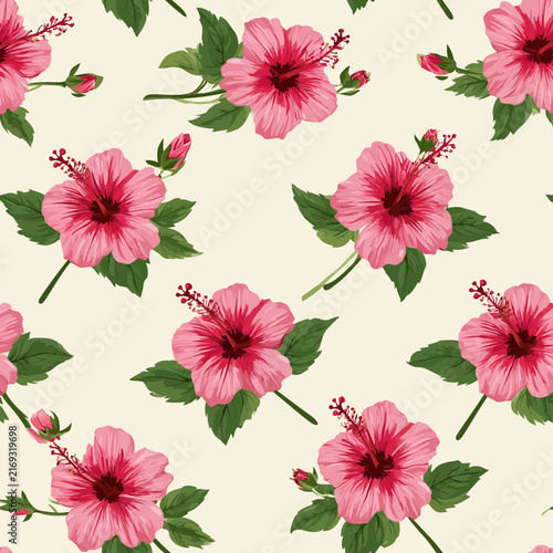 Seamless pattern of pink hibiscus flowers with green leaves