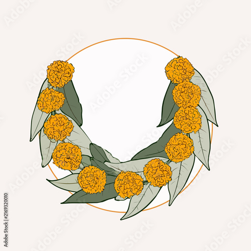Marigold flower garland with green leaves arranged in a circle