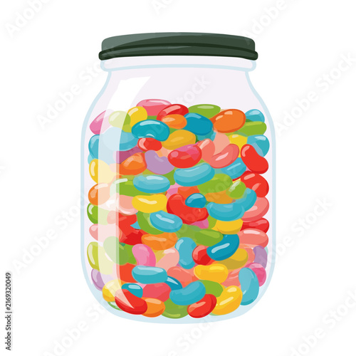 A glass jar filled with many colorful jellybeans candy