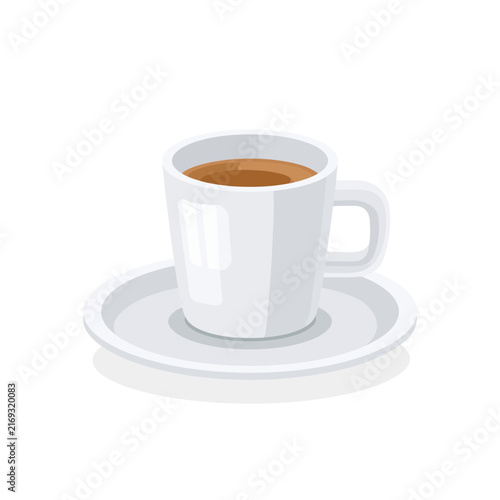 A white espresso cup filled with coffee on a saucer