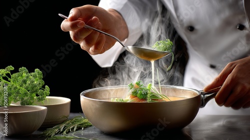Chef ladling steaming soup into pan in dark kitchen setting