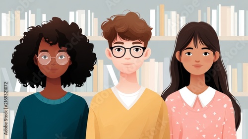 Three young adults standing in front of library shelves