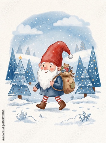 A cute watercolor illustration of a Christmas gnome with a red hat and white beard walking through a snowy winter landscape carrying a sack of toys.