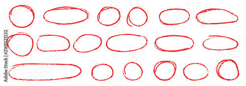 Hand drawn red line brush oval set, pencil doodle circle underline frame and highlight ring collection vector