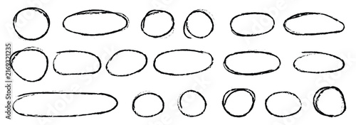 Hand drawn black line brush oval set, pencil doodle circle underline frame and highlight ring collection vector