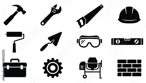 Construction equipment and builder hand tools solid black glyph icon set for home repair and carpentry