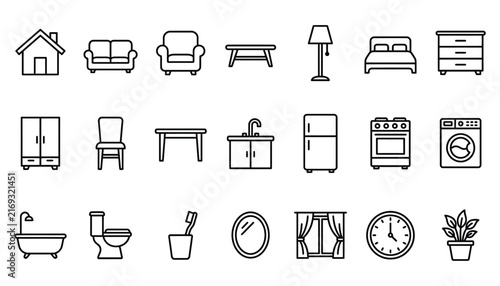 Interior design home furniture and household appliances line icon set for interior decor and living space