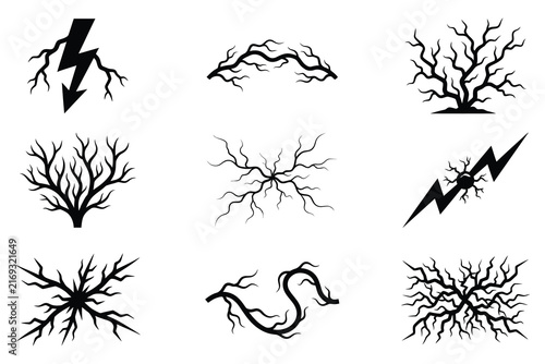 Lightning bolts cracks veins and tree roots silhouette vector graphic set for natural electric storm phenomena