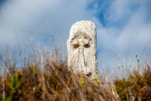 Maori pou or totem face carved in Driftwood log standing on beach vegetation on top of sand-dune on Ohope dunes.