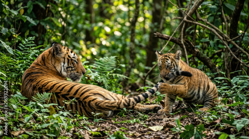 Mother Tiger and Cub Resting in Lush Green Forest Jungle 1.