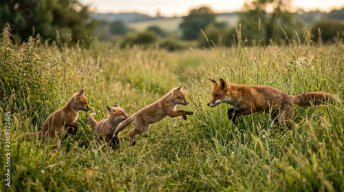 Red Fox Family Playing in Tall Grass Field.