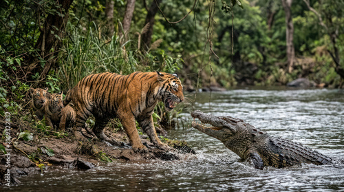Tiger confronts crocodile at the edge of a river in a jungle setting.