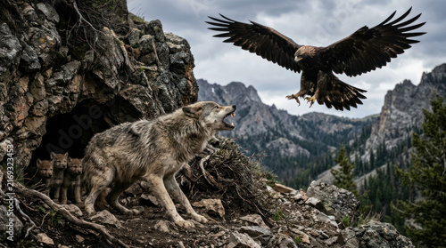 Wolf howling at eagle in rocky mountain landscape.